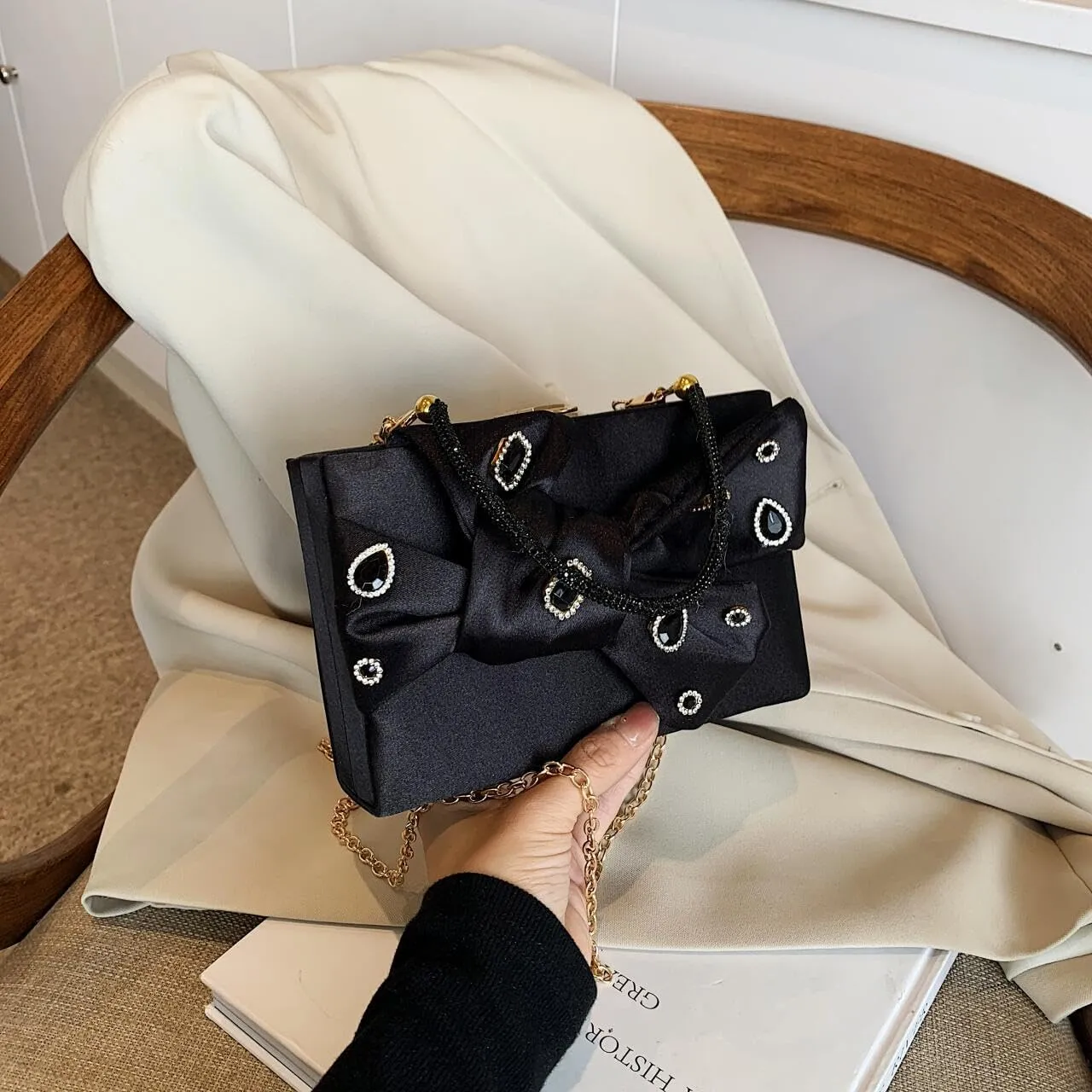 Womens Satin Evening Bag Bow Handbag Purse Party Clutches Wedding Chain Shoulder Cross Body Bag