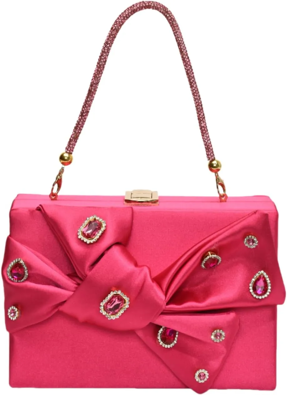 Womens Satin Evening Bag Bow Handbag Purse Party Clutches Wedding Chain Shoulder Cross Body Bag