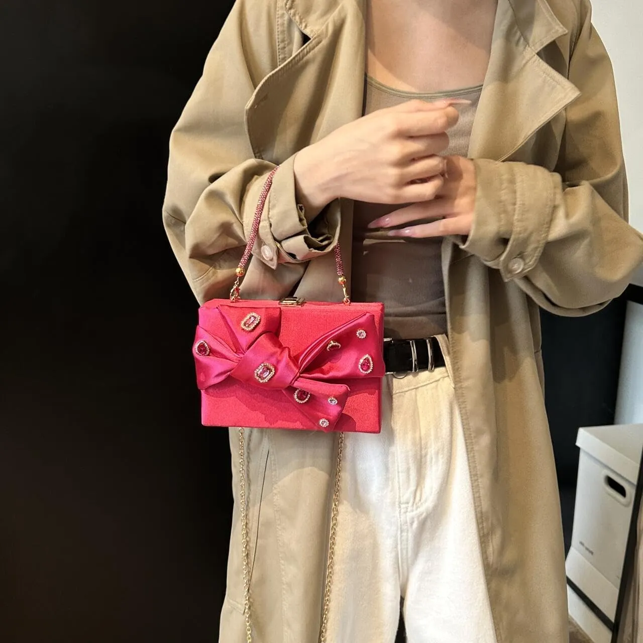 Womens Satin Evening Bag Bow Handbag Purse Party Clutches Wedding Chain Shoulder Cross Body Bag