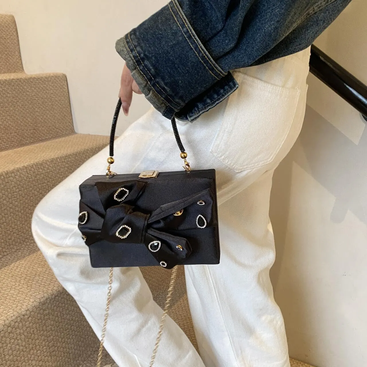 Womens Satin Evening Bag Bow Handbag Purse Party Clutches Wedding Chain Shoulder Cross Body Bag