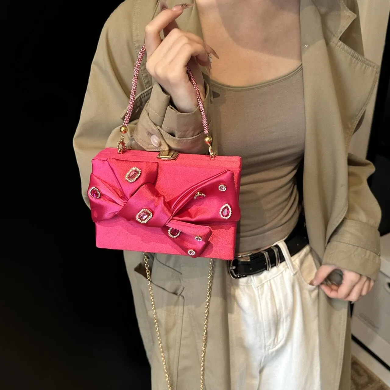 Womens Satin Evening Bag Bow Handbag Purse Party Clutches Wedding Chain Shoulder Cross Body Bag