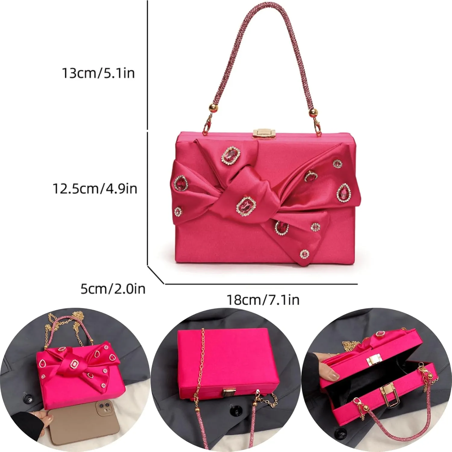 Womens Satin Evening Bag Bow Handbag Purse Party Clutches Wedding Chain Shoulder Cross Body Bag