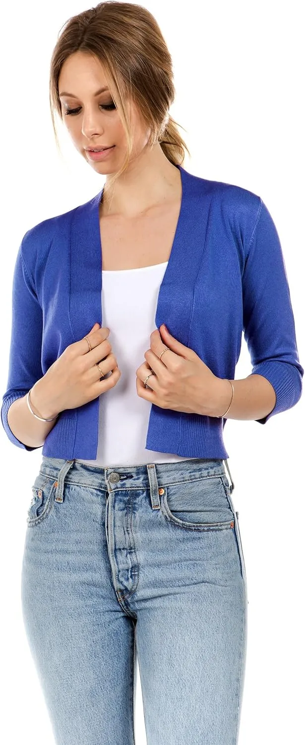 Women's Soft Solid Open Front 3/4 Sleeve Sweater Cardigan