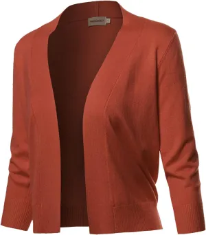 Women's Solid Soft Stretch 3/4 Sleeve Layer Short Cardigan