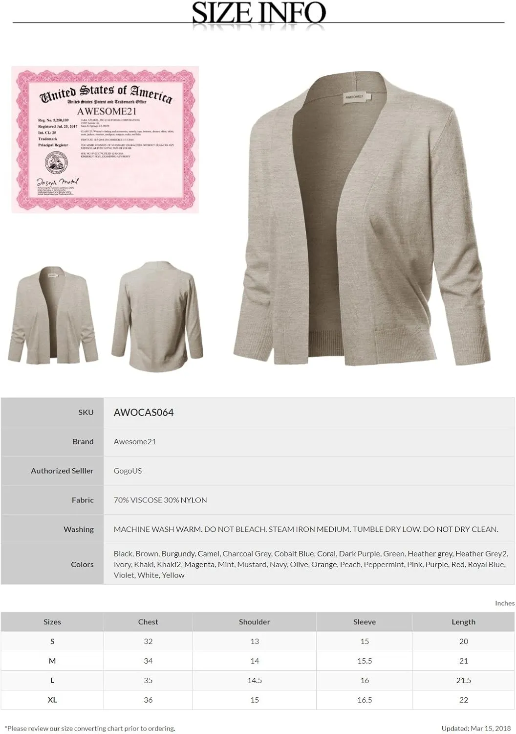 Women's Solid Soft Stretch 3/4 Sleeve Layer Short Cardigan