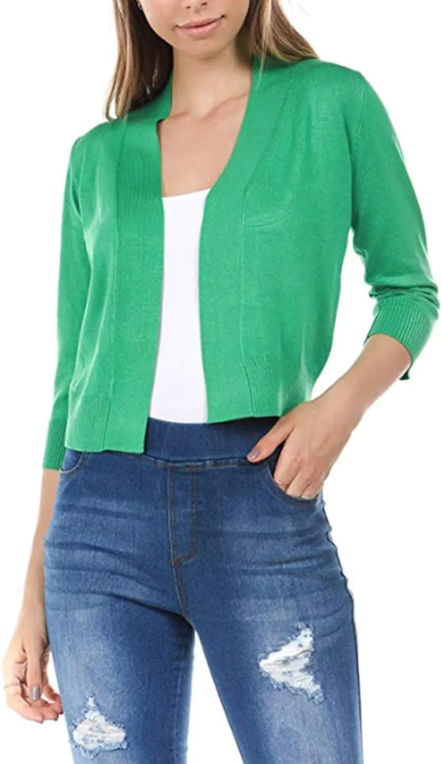 Women's Solid Soft Stretch 3/4 Sleeve Layer Short Cardigan