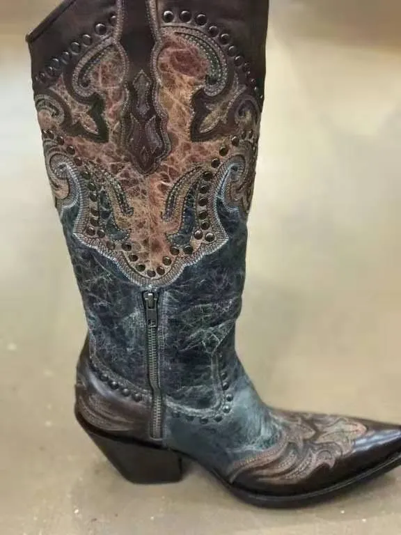 Women's vintage cowboy boots knee high pointed toe western boots