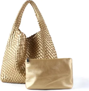 Woven Tote Bag for Women Vegan Leather Hobo Bags, Top-handle Handmade Purse