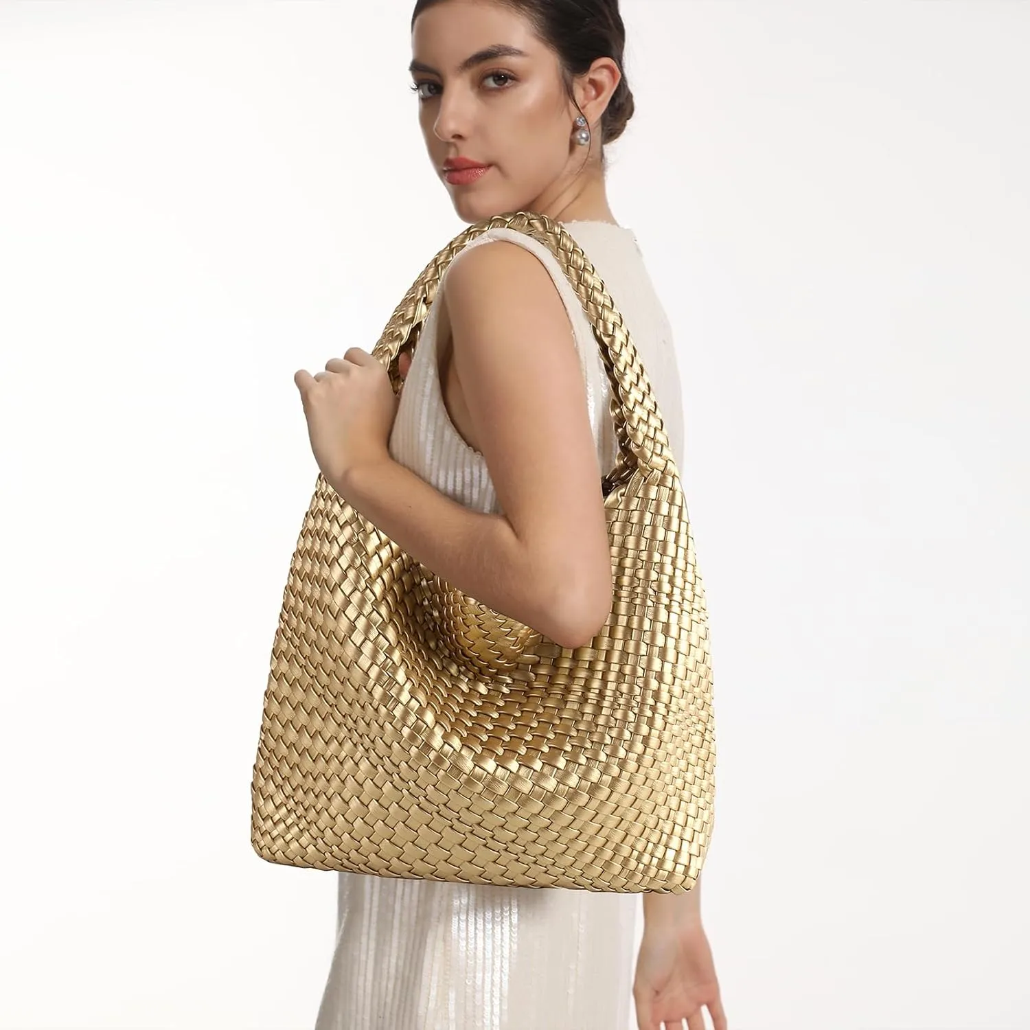 Woven Tote Bag for Women Vegan Leather Hobo Bags, Top-handle Handmade Purse