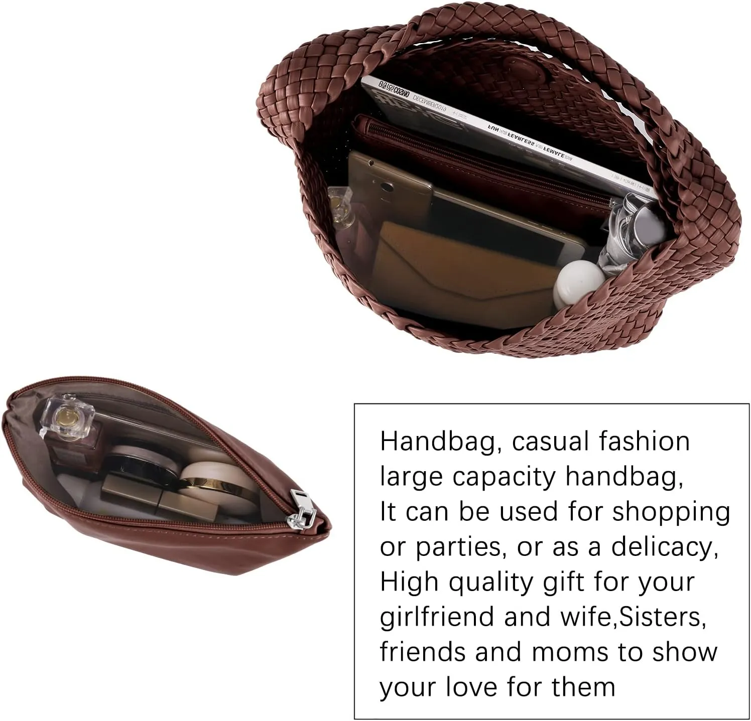 Woven Tote Bag for Women Vegan Leather Hobo Bags, Top-handle Handmade Purse
