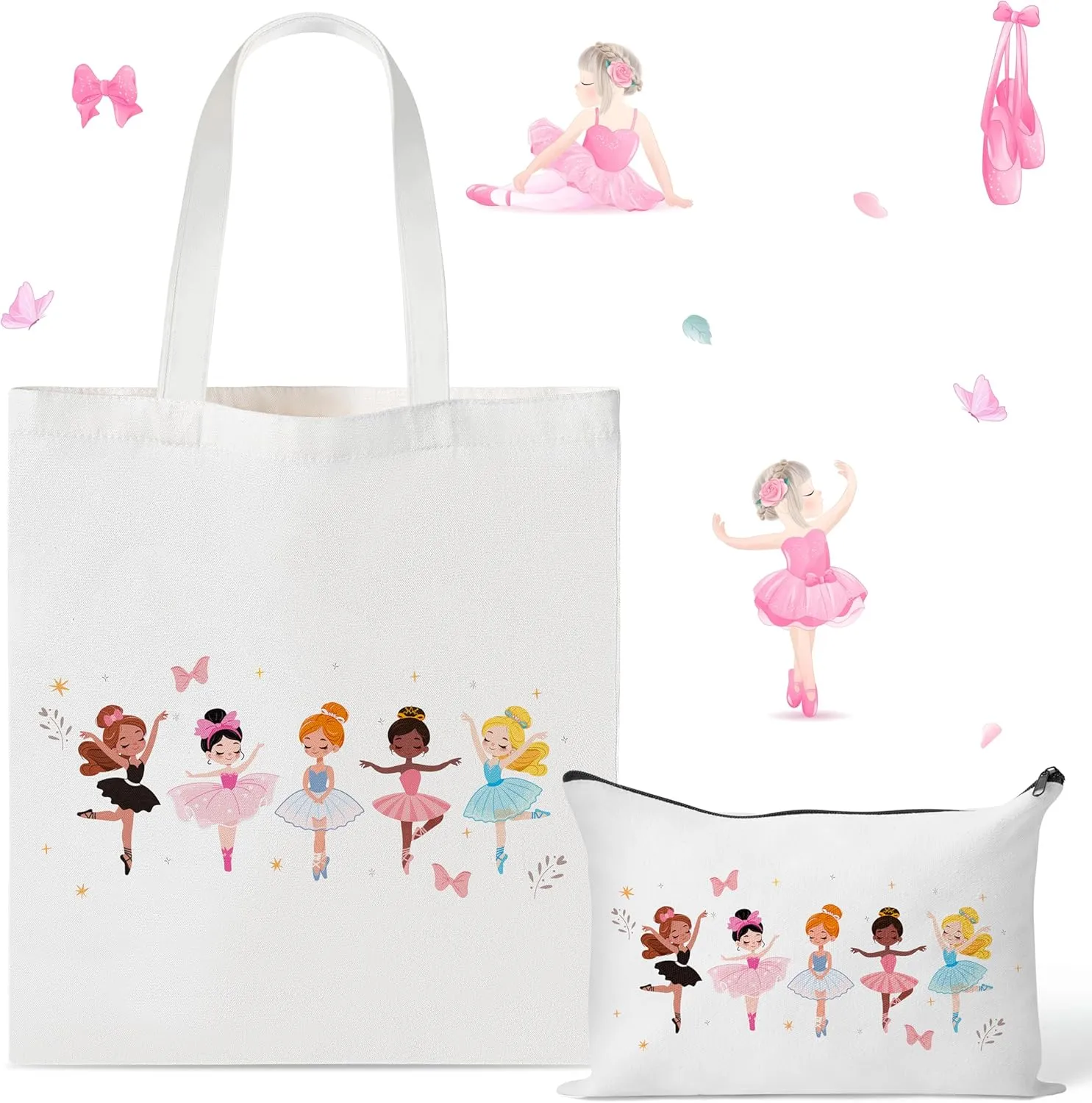 Y1tvei Ballerina Girls Canvas Bags - 2Pcs Cute Ballet Dancer Canvas Bag with Inner Pocket Small Zipper Makeup Cosmetic Bag, Reusable Grocery Shopping Bag Gifts Bulk for Women Girls Kids Ballet Recital