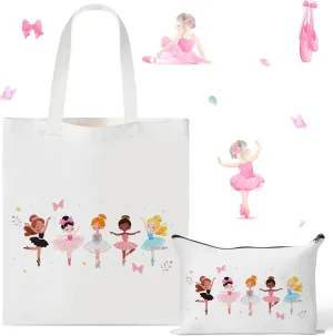 Y1tvei Ballerina Girls Canvas Bags - 2Pcs Cute Ballet Dancer Canvas Bag with Inner Pocket Small Zipper Makeup Cosmetic Bag, Reusable Grocery Shopping Bag Gifts Bulk for Women Girls Kids Ballet Recital