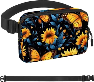 Yellow Butterfly Sunflowers Fanny Packs for Women Men, Crossbody Belt Bag with Zipper Pockets,Waterproof Waist Packs with Adjustable Strap for Workout Running Traveling Hiking